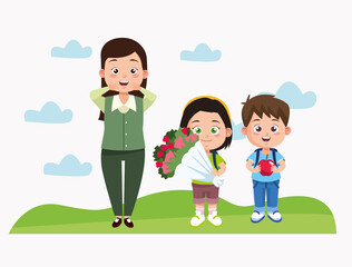 happy teachers day scene with teacher and students couple in the camp