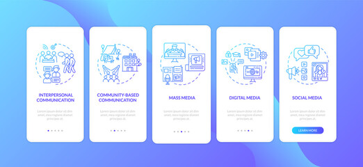 Communication channels onboarding mobile app page screen with concepts. Ways of communication walkthrough 5 steps graphic instructions. UI vector template with RGB color illustrations
