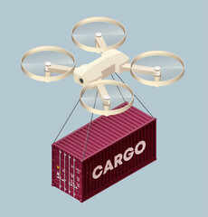 Drone delivering cargo in parcel isolated icon isometric style. Transporting metal box, products in container. Helicopter used in logistics and shipment goods. 3d