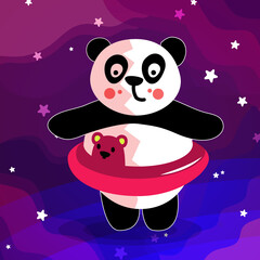 Vector image. Panda swim with floaties for weight loss. Evening, stars, sea, nature. Sports, fun, joy. Magic children's illustration. Children's story, cartoon style, fantasy, fairy tale.
