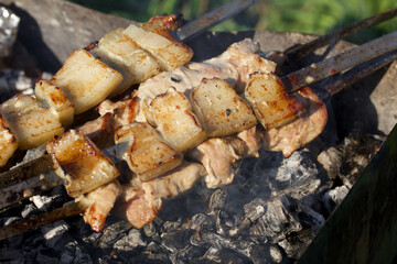 Barbecue with meat and bacon. On a metal grill with coals. Among the green grass in the meadow. Taken in close-up.