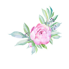 Watercolor  hand painted peony wreath, pink peonies