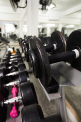 Fototapeta premium A vertical shot of a row of dumbbells in a gym