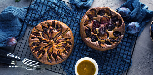 close-up view of delicious sweet fruit pies with organic plums