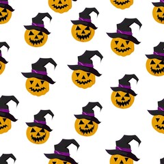 Vector seamless editable pattern on a transparent background. Voluminous Jack Lantern pumpkin in wizard hats. Suitable for Halloween-themed decoration