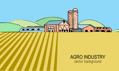 Vector sketch illustration of an agricultural farm, agri business, with agricultural hangars, silo tower, cows on pasture. Hand drawing in one linewith a colored background. © Gala