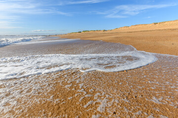 Sea foam on the beautiful sand Atlantic ocean beach.