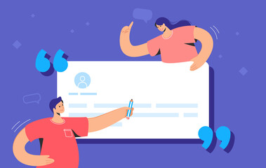 Customer review and user testimonials fulfilled form. Flat vector illustration of couple writing a comment on a website for a service or goods. Customer feedback with users template on blue background