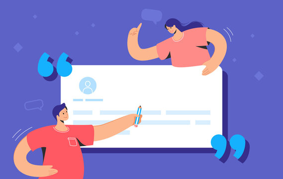 Customer review and user testimonials fulfilled form. Flat vector illustration of couple writing a comment on a website for a service or goods. Customer feedback with users template on blue background