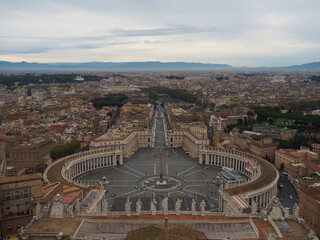 Top view of St. Peter's square in the Vatican and the center of Rome. Photographed from the roof of St. Peter's Cathedral. Rome Italy.