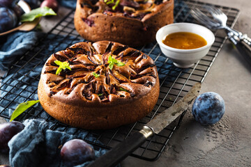 close-up view of delicious sweet fruit pies with organic plums