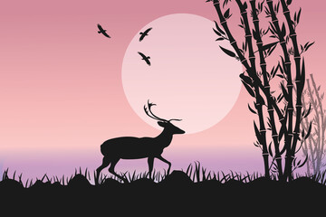 Sunset Scenery Illustration with deer