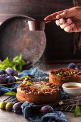 close-up view of delicious sweet fruit pies with organic plums