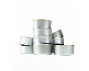 Empty food cans for recycling over white background