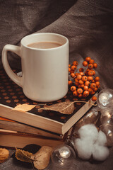hot tea coffee books in a cozy atmosphere in autumn