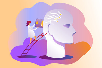 A woman scientist inserts a chip into her head. Artificial intelligence, microchipping, biotechnology, robot.