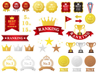 ランキング トロフィーと王冠のイラスト素材