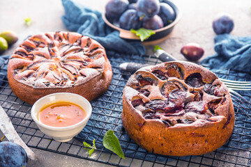 close-up view of delicious sweet fruit pies with organic plums