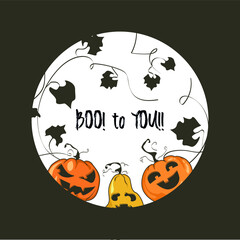 Halloween card with three pumpkins scaring and crying. Two orange pumpkins and one yellow have different emotional expressions of terror and joy. Vector illustration can be used as a card or a banner.