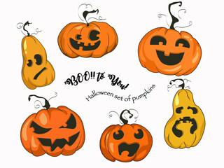 Set of six Halloween pumpkins with diffrent facial expressions. There are fear, happiness, joy, worry, terror, confusion and one evil villain. Vector illustration in warm yellow and orange colors.