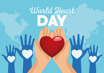 world heart day lettering with hands lifting heart and people hands up