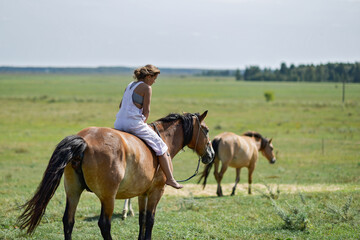 Naklejka na ściany i meble Young beautiful girl rides a horse on a farm field.