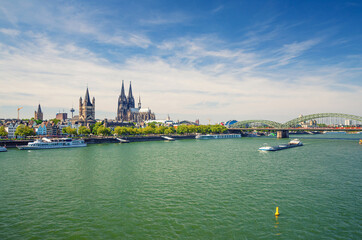 Cologne cityscape of historical city centre with Cologne Cathedral and Great Saint Martin Roman...