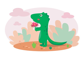 Vector illustration of cute dinosaur in landscape. Illustration for childish clothes, wallpaper, polygraphy, etc
