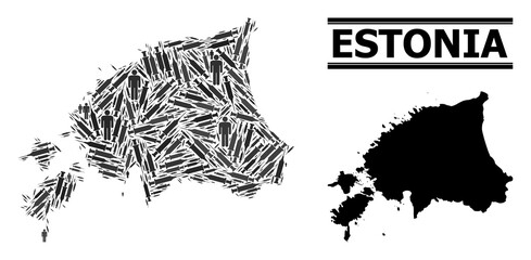 Virus therapy mosaic and solid map of Estonia. Vector map of Estonia is created with vaccine symbols and men figures. Collage is useful for health care alerts. Final solution over virus outbreak.