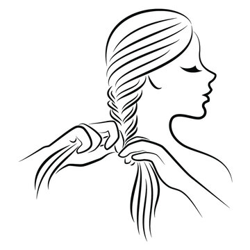 recommend clip art: Silhouette profile of the head of a lovely lady. The girl braids her long hair with her hands. Vector illustration.
