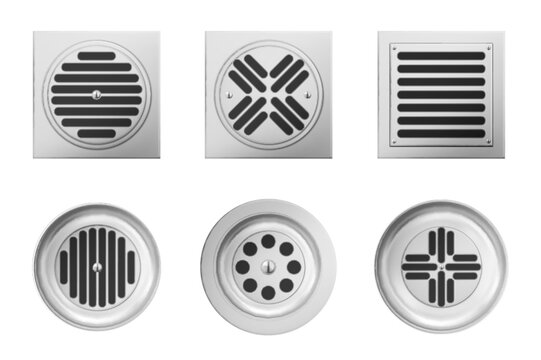 Metal drainage grates for shower or sink isolated on white background. Vector realistic set of square and round drain manhole with steel grid on sewer in bathroom or shower floor