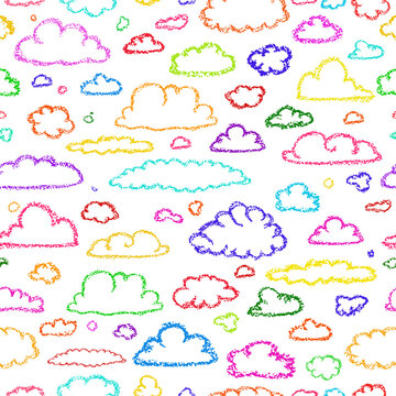 Clouds pattern. Children drawling style cloud print. Hand drawn wax crayons art on blue backdrop. Chalk style isolated clouds background. White pastel crayons drawn clouds texture.