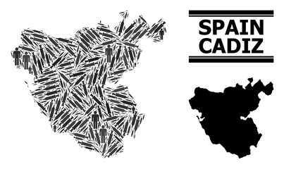 Virus therapy mosaic and solid map of Cadiz Province. Vector map of Cadiz Province is formed with syringes and men figures. Collage is useful for isolation templates. Final win over virus outbreak.