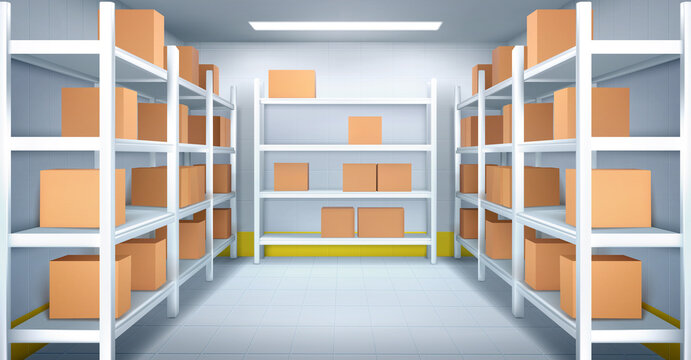 Cold room in warehouse with cardboard boxes on racks. Vector realistic interior of industrial storage with shelves, tiled walls and floor. Refrigerator chamber in factory, store or restaurant