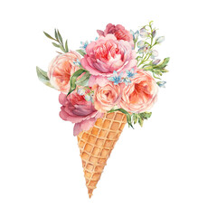 Watercolor waffle cone with bouquet of flowers. Hand painted colorful floral illustration isolated on white background.