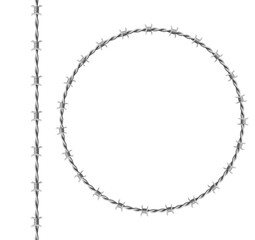 Steel barbwire set, circle frame from twisted wire with barbs isolated on white background. Vector realistic seamless border of metal chain with sharp thorns for prison fence, military boundary
