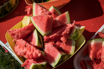 Sliced ripe pieces of watermelon in a bowl at a picnic.