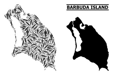 Virus therapy mosaic and solid map of Barbuda Island. Vector map of Barbuda Island is shaped with syringes and human figures. Template designed for outbreak purposes. Final win over virus outbreak.