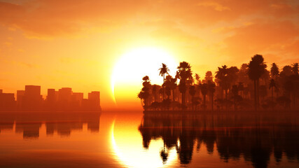 Fototapeta premium majestic sunset over city and tropical island with palm trees