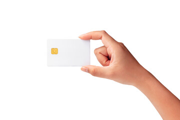 Closeup of female hand holding plastic credit card, blank white credit chip card isolated on white...