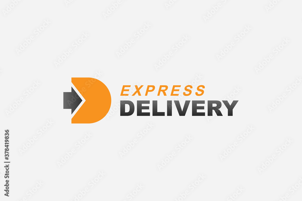 Poster abstract initial letter d logo. orange shape d letter with black right arrow isolated on white backg