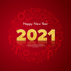 Golden numbers 2021 with reflection and shadow on red background. Holiday gift card Happy New Year with traditional icons wreath. Celebration decor. Vector template illustration