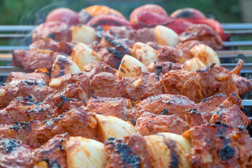 Photo cooking fry shish kebab,BBQ, barbecue, shashlik or meat on coals. Cooking meat in the grill...