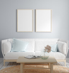 Mock-up frame in cozy light home interior background, 3d render