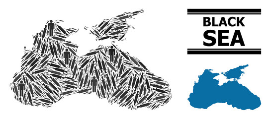 Covid-2019 Treatment mosaic and solid map of Black Sea. Vector map of Black Sea is composed of vaccine doses and men figures. Illustration is useful for safety aims. Final win over Covid-2019.