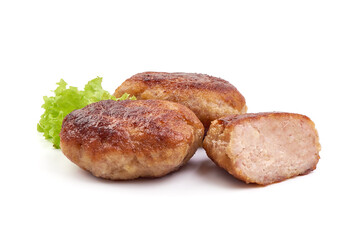 Grilled cutlets, fried meat balls, isolated on white background