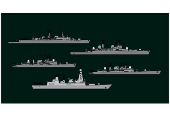 Royal Navy. Postwar British guided missile destroyers. Side view. Vector template for illustration.