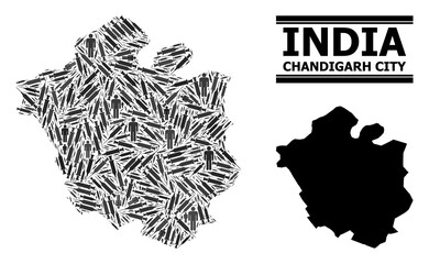Covid-2019 Treatment mosaic and solid map of Chandigarh City. Vector map of Chandigarh City is designed of syringes and human figures. Abstraction is useful for medicine alerts.