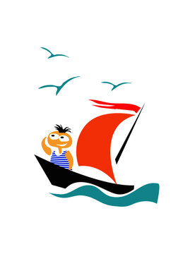 Sea adventures. Boy on a sailing boat in search of an unknown land. Vector image for illustration.