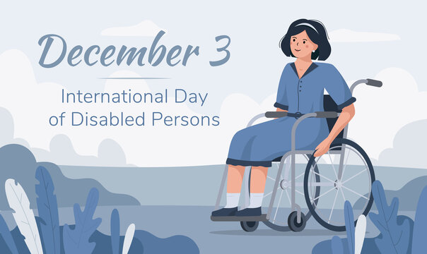 Flat vector illustration of an elderly woman in a wheelchair in nature. The concept of a banner or postcard in blue colors. International Day of Persons with Disabilities December 3.